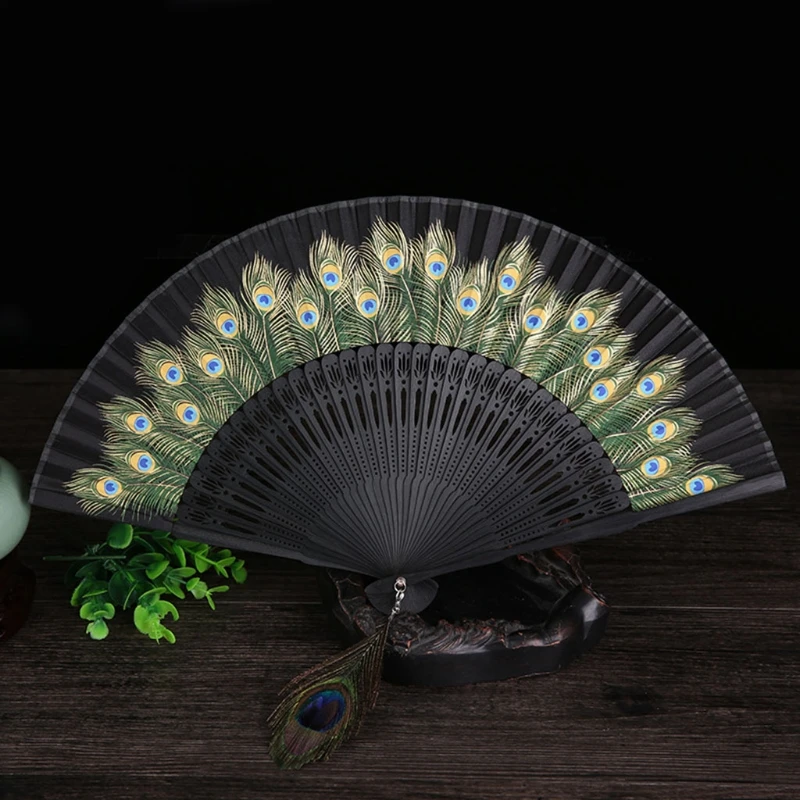 

448B Chinese Patterned Hand Fans Vintage Imitation Silk Handheld Folding Fan with Bamboo Frame for Dancing