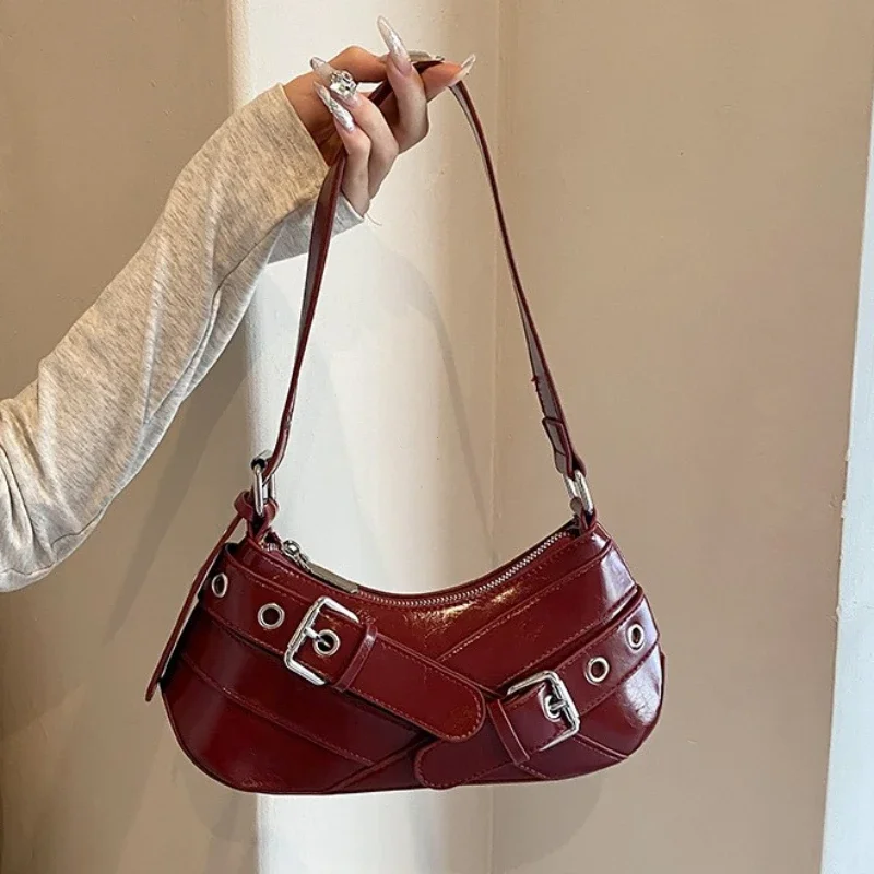 Red Vintage Shoulder Bag Y2K Belt Design PU Leather Underarm Bags for Women Trend Hot Cool Girl Crossbody Bag Punk Style Handbag