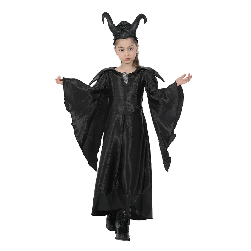 

Movie Witch Girls Cosplay Costume Halloween Child Black Queen Gown with Horns Birthday Party Carnival Easter Purim Fancy Dress