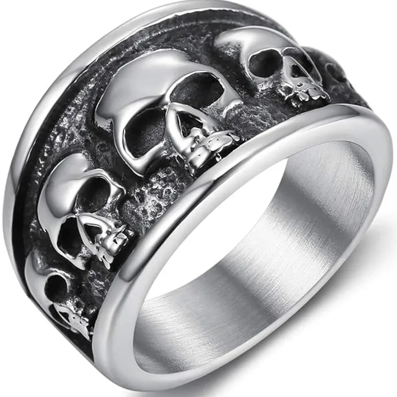 Stainless Steel Skull Ring - Antique Retro Gothic Punk Style, Hypoallergenic, Size 12, Grey Finish - View #7