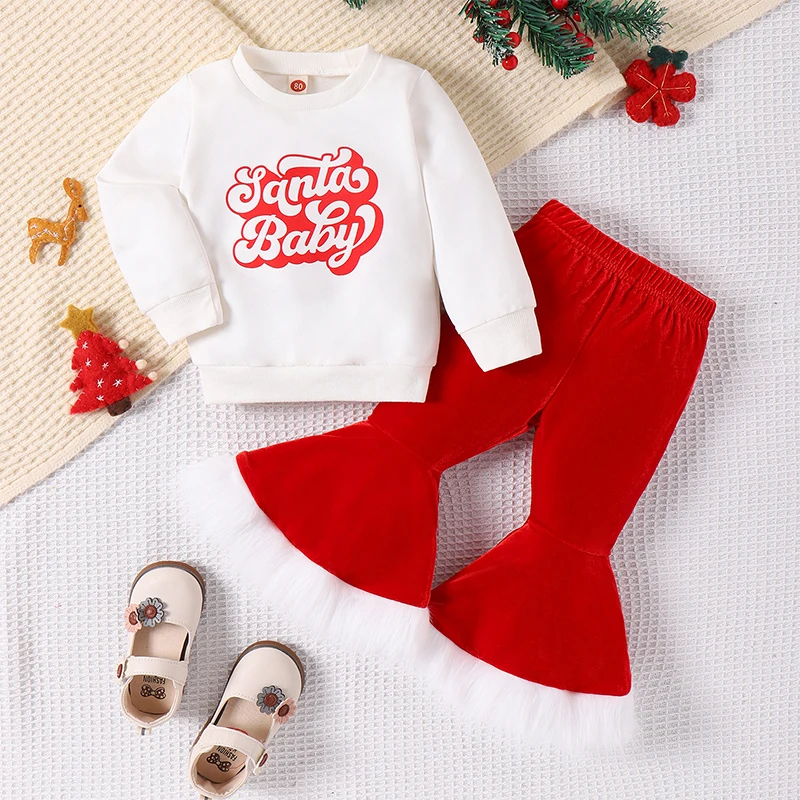 

Christmas 6M-4Y Baby Girls Outfits Letter Print Long Sleeve Round Neck Sweatshirt and Flared Pants Set Infant 2 Piece Suits