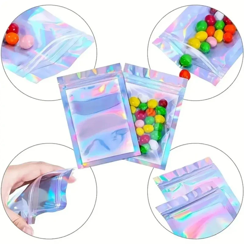 Holographic Bag Multi-size Laser Rainbow Pattern Self-sealing Bag Suitable For Candy Bag and Front Window Samples 100-piece