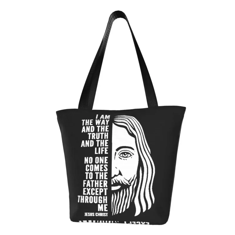 

Reusable Jesus Christ Christian Shopping Bag Women Shoulder Canvas Tote Bag Portable Religious Faith Grocery Shopper Bags