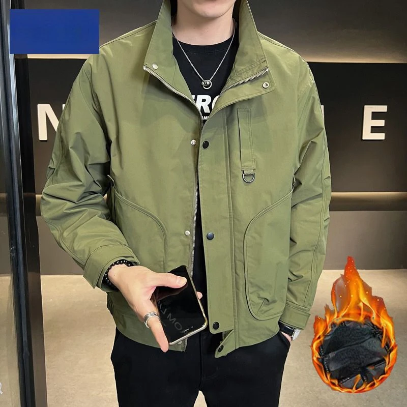 Men Clothes Autumn Winter Bomber Jacket Cotton-padded Jacket Zipper Pocket Military Windbreaker Stand-up Collar Coats Korean Top
