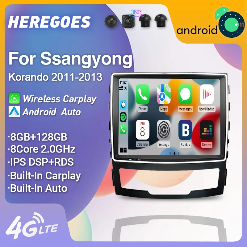 

Carplay 8,4 "IPS DSP Android 12 Автомобильный DVD-плеер Навигация Авто GPS Радио Стерео 8 ГБ + 128 ГБ для SsangYong Korando 2011 2012 2013