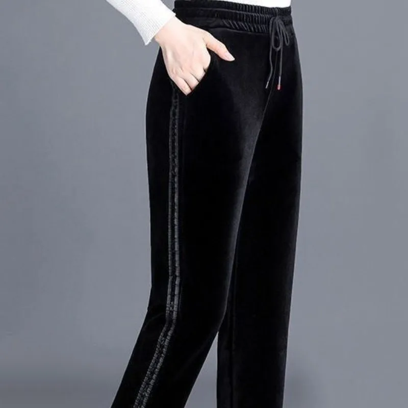 Autumn Winter Women's Solid Striped Pockets Drawstring Shirring Elastic Waist Casual Loose Trousers Fashion Elegant Loose Pants