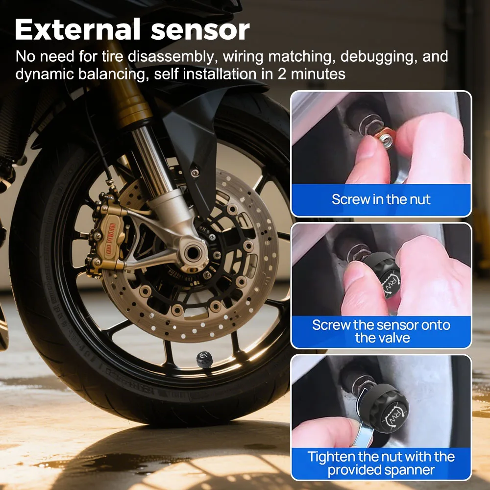 Solor USB Charge Motorrad TPMS Reifendruckkontrollsystem 2 externe Sensoren Reifentemperaturalarm LCD-Display – Detail 7