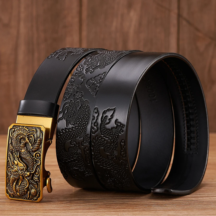 Male Genuine Leather Belts Casual Ratchet Belt with Automatic Buckle Luxury Design Dragon Pattern Belts for Business Men Strap 