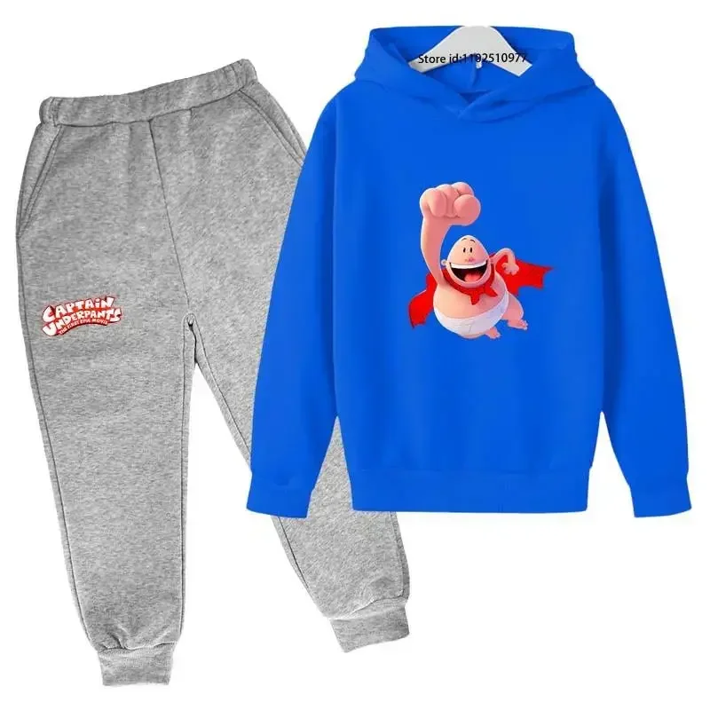 thumbnail image 1 of Chándal con estampado de dibujos animados de Capitán Calzoncillos para primavera y otoño, conjunto de 2 piezas informal bonito para niños y niñas, sudadera con capucha y pantalones, ropa para niños, 1 of 5