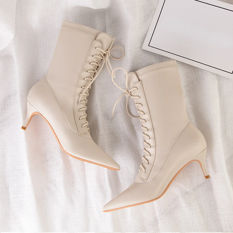 Luxury Brand Women's Boots Fashion Lace-up Pointed Thin Heels Boots Female Elastic Boots Plus Size 43 Ankle Boots Ladies Shoes