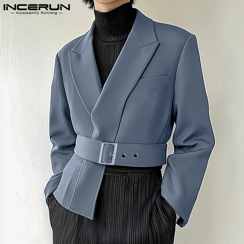INCERUN Casual Irregular Hem Blazer Men Solid Long Sleeve Suits Belt Simple Office Jackets Simple Lapel Collar Leisure Tops