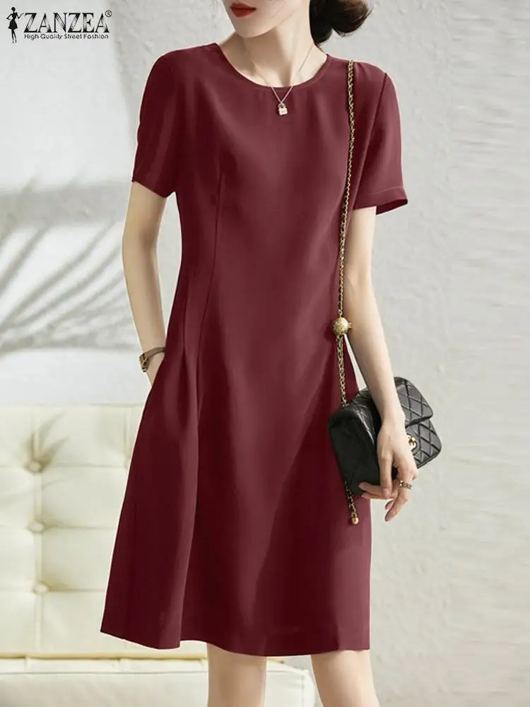 

Summer Knee-length Dress ZANZEA Fashion Women Sundress Elegant OL Work Vestido O Neck Short Sleeve Party Holiday Robe Femme