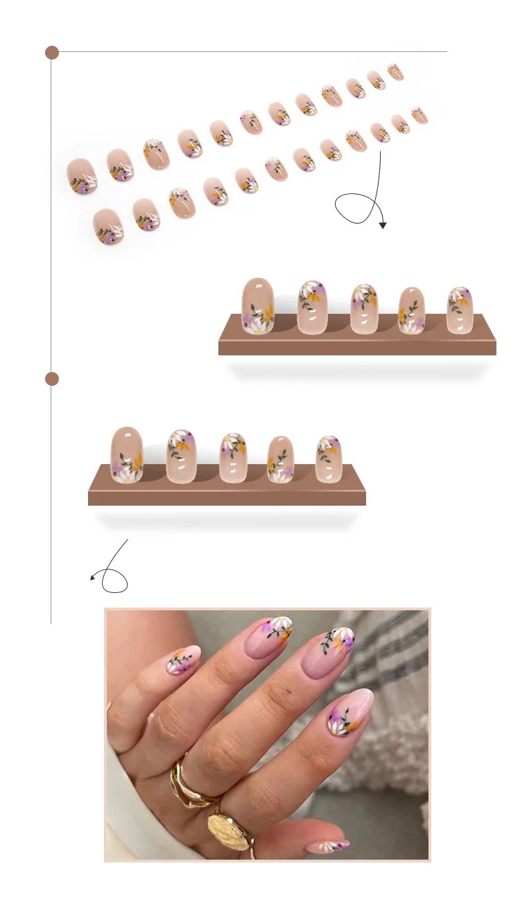 24Pcs Short Round Head Purple Flower Press-On Nails
