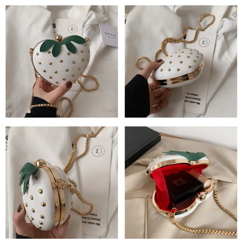 Cute Fruit Strawberry Heart Shape Pu Rivet Mini Fashion Ladies Chain Purse Clutch Bag Shoulder Bag Tote Female Flap Handbag