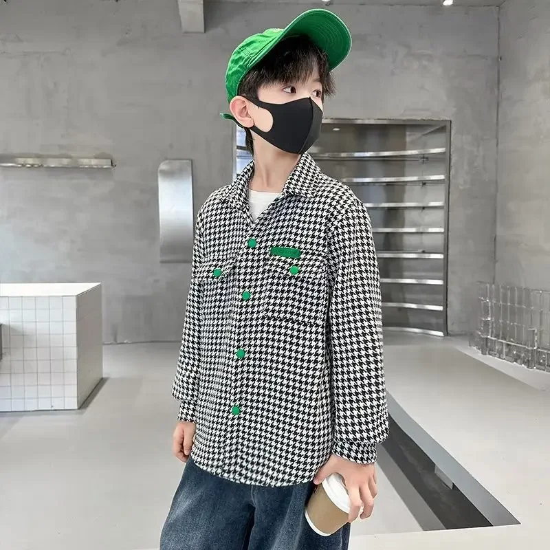 어린이 유행 격자 무늬 가디건, 캐주얼 라펠 탑, 용수철 가을 새로운 스타일, 소년 소녀 겉옷, 어린이 의류