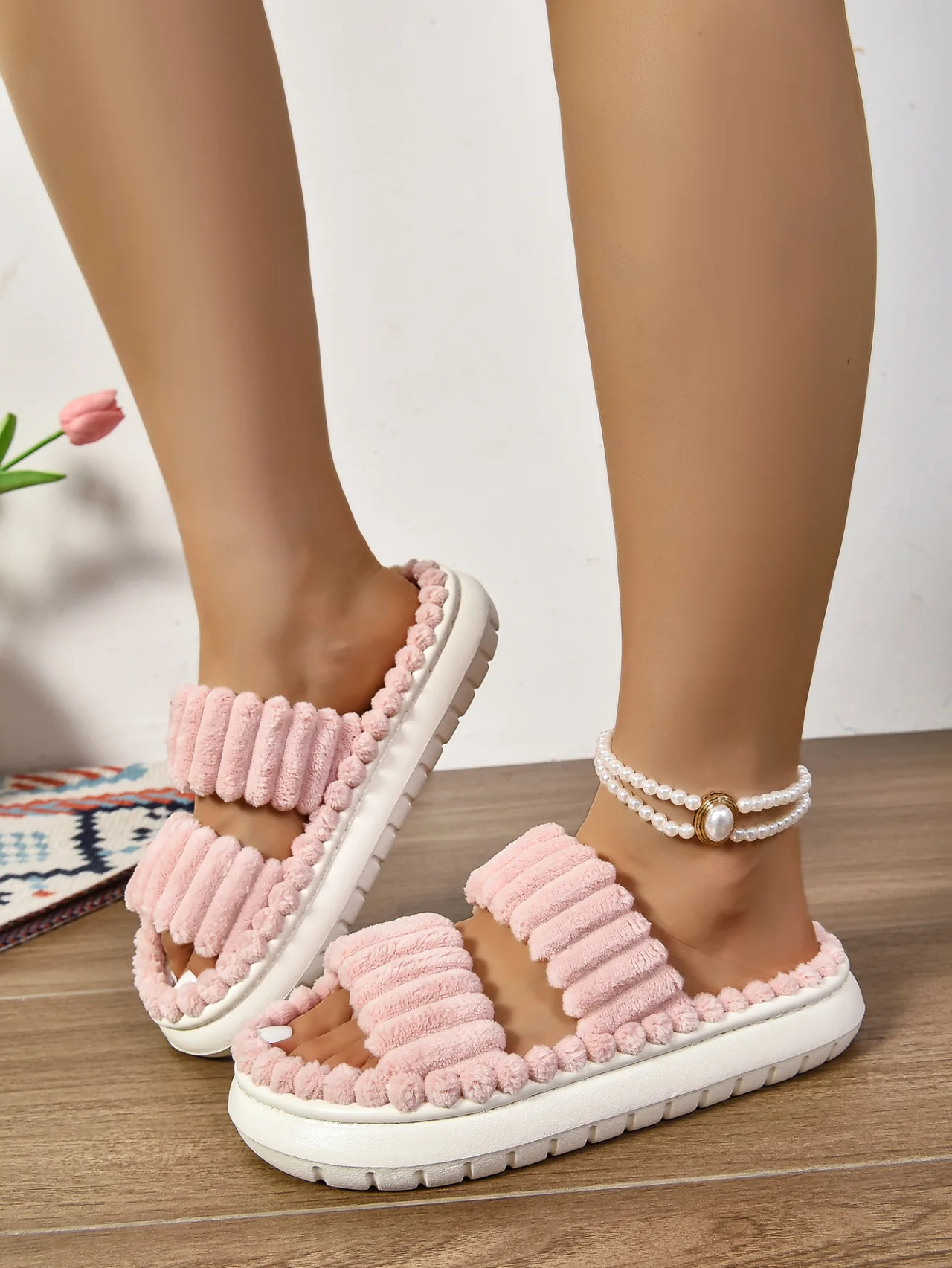 Shevalues Winter Cord Plüsch Damen Hausschuhe Plattform Slip On Home Slides Warme Indoor Slides Pelzige weiche Sohle Damen Hausschuhe – Detail 9