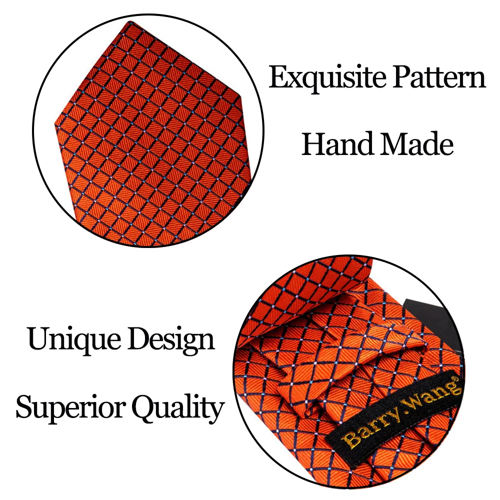 Modische orange-gelbe Herren-Krawatte, luxuriös, kariert, hochwertige Einstecktücher, Manschettenknöpfe, Sets, Geschenke für den Bräutigam, Barry.Wang 6484 – Detail 3