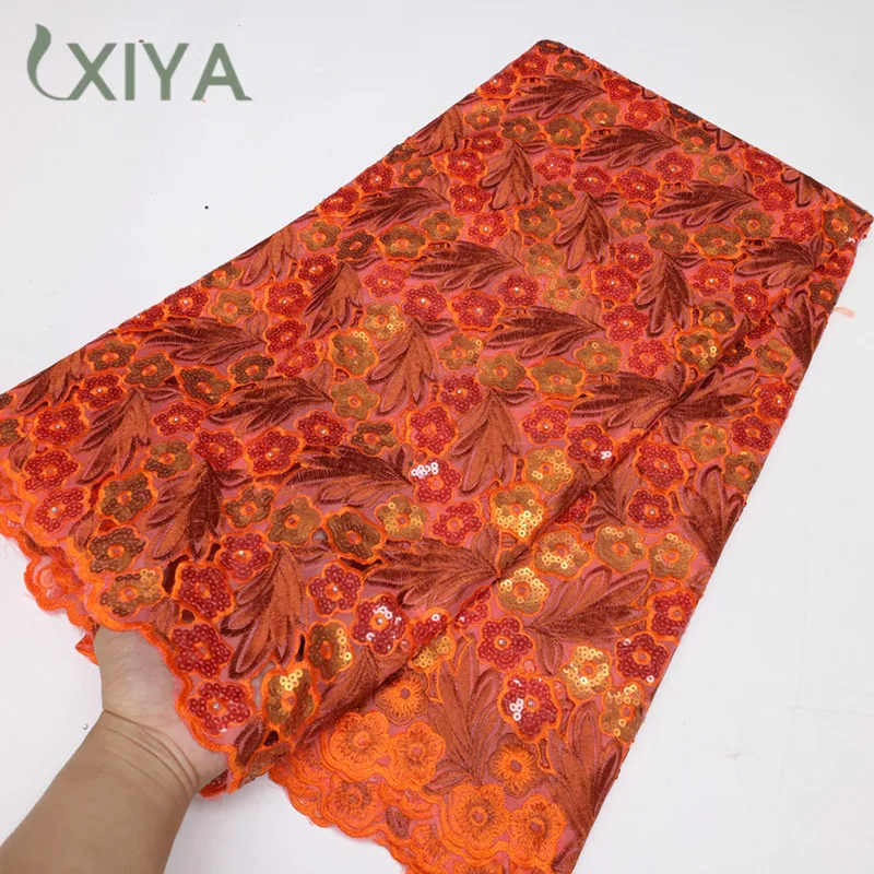 

XIYA Burnt Orange Embroidery African Lace Fabric 2022 High Quality French Nigerian Sequins Tulle Fabric For Evening Dress Sewing