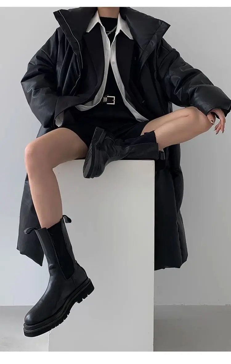 Winter Long Pu Leather Down Jacket Female Black Thick Warm Cotton Parka Outwears Women White Duck Down Knee Length Down Jackets