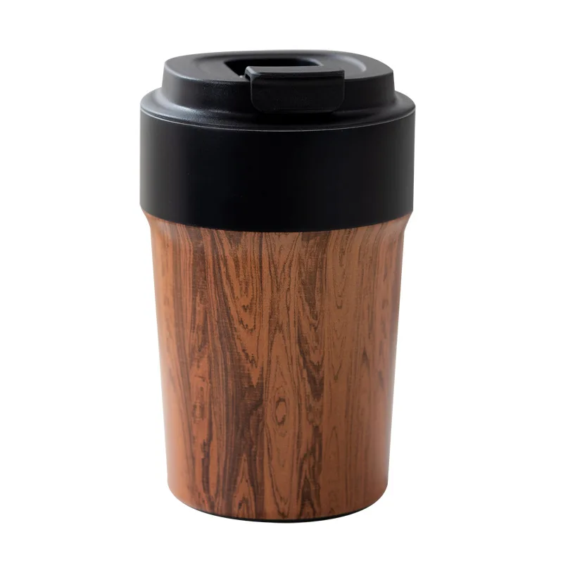 Elegant Wood Grain Insulated Coffee Tumbler with Ceramic Coating and Lid