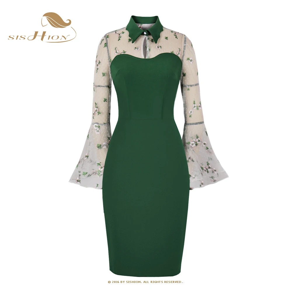 

SISHION Floral Embroidered Mesh Flare Sleeve Green Pencil Bodycon Wiggle Dress Elegant Outfits Sexy Dresses for Women VD3772