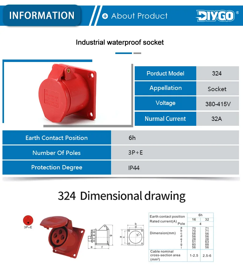 DIY GO IP44 Hochwertiger industrieller wasserdichter industrieller Strom-Außenanschluss, Kupferkontaktkörper, Stecker und Steckdose, 380–415 V, 32 A – Detail 5