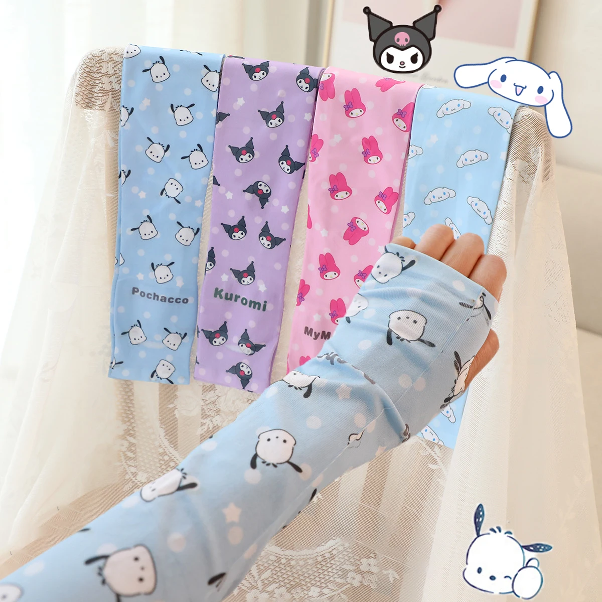 

Sanrios Cinnamoroll Kuromi Mymelody Cartoon Cooling Arm Sleeves UV Protection Sleeves kawaii Cycling Half Finger Long Gloves