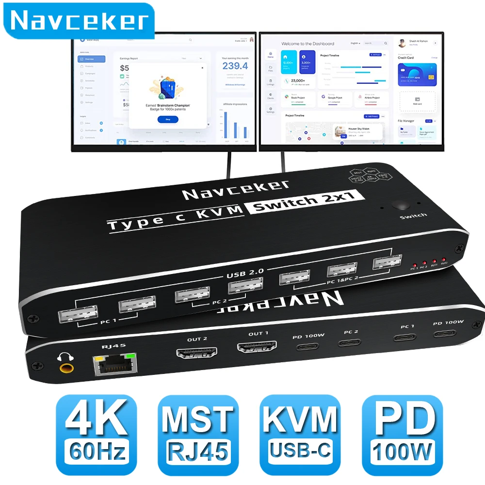 Navceker 2X2 4K 60Hz Thunderbolt 4 Usb C Kvm Switch Dual Monitor Rj45 100W Pd Charge Type C Kvm Switcher Per 2 Laptop 2 Monitor
