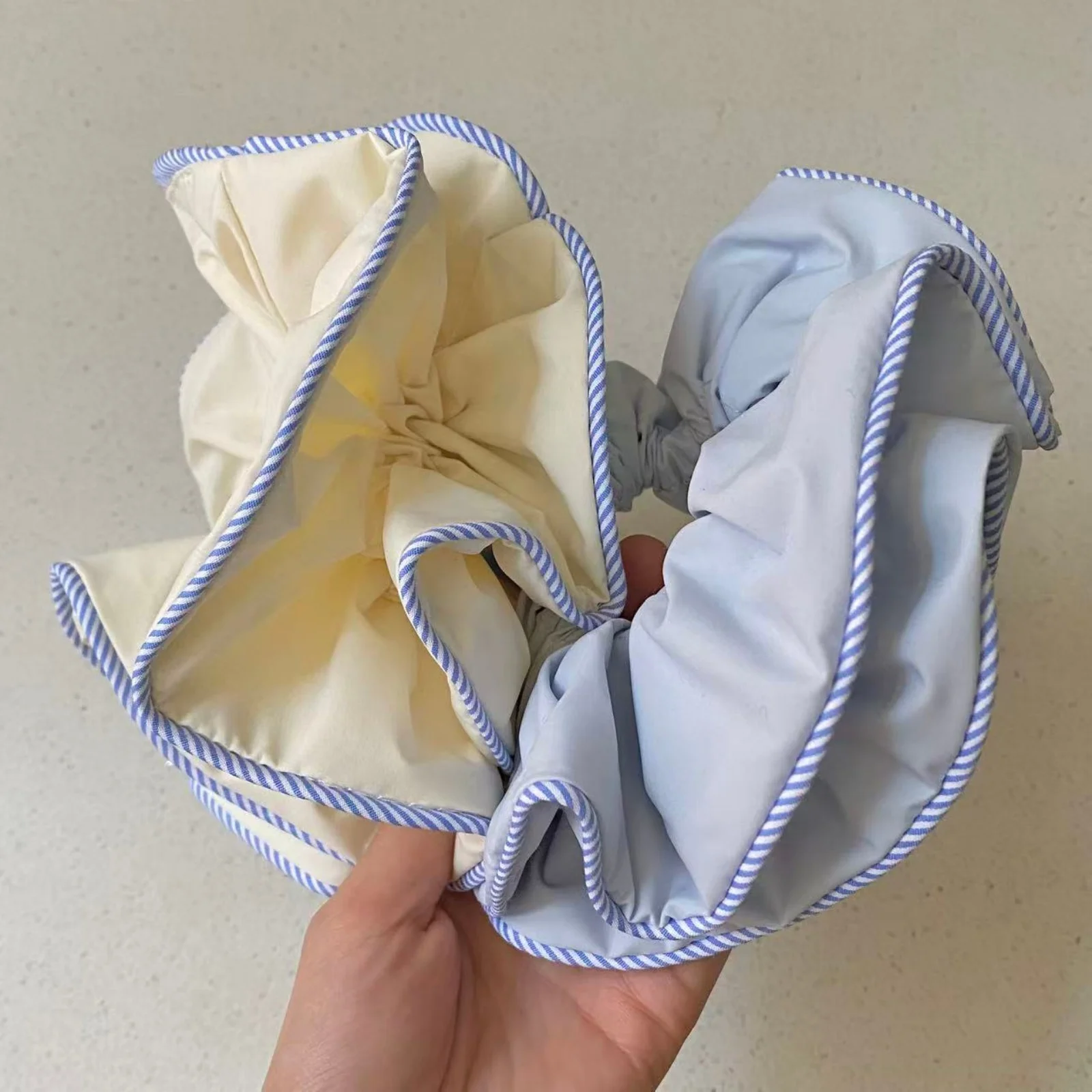 1PC Scrunchies Light Blue & Yellow With Blue Striped Edge, Cute Vintage Hair Accessories For Women Girls, Daily Styling & Gifts
