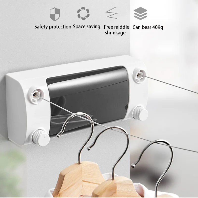 Clothes Line Dryer Bathroom Accessories Hole-Free Double-Line Clothesline Balcony Hidden Scalable Clotheshorses 304 Wire Rope images - 6