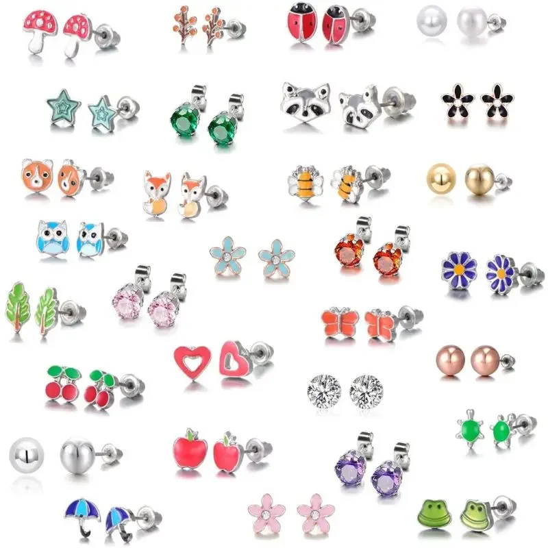 30 Pairs Stainless Steel Mixed Animals Heart Star Mushroom Tree Umbrella Earrings Set kids earrings set Kids