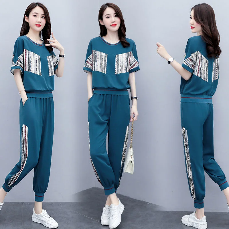 Sweat Suits For Women Two Set 2022 Spring And Summer New Fashion Casual Korean Clothes Short Sleeve Top Pants Women's Tracksuit