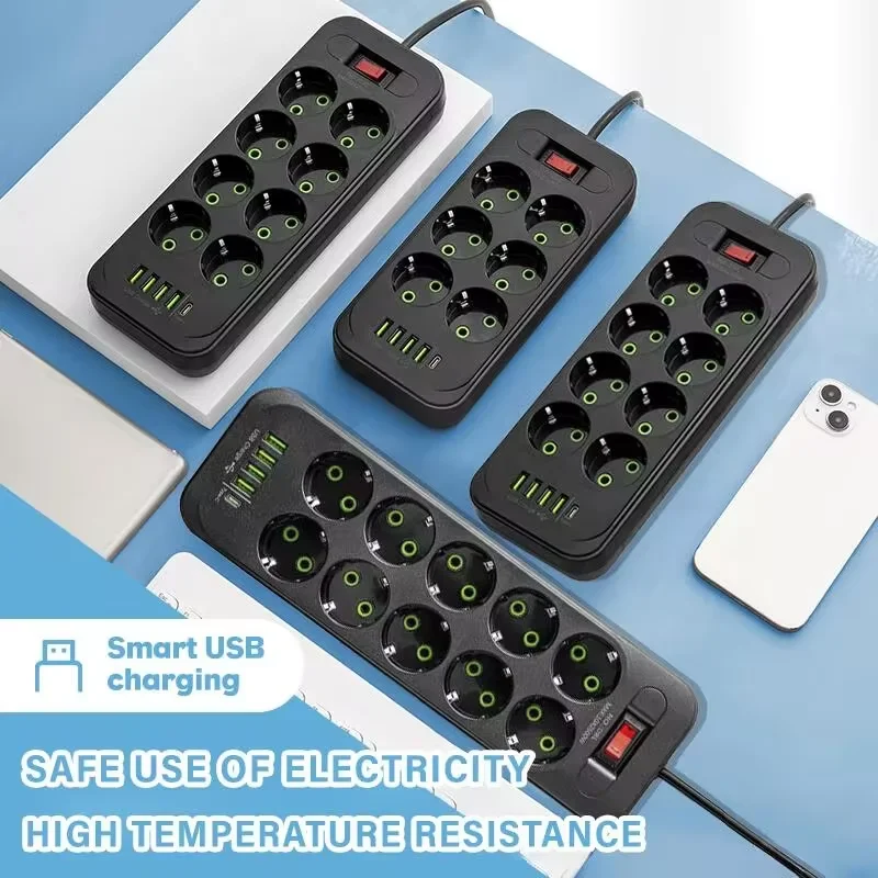 Power Strip EU Plug AC Outlet Power Strip Multitap Extension Cord Electrical Socket 4 USB Ports Fast Charge Multiprise Network Filter