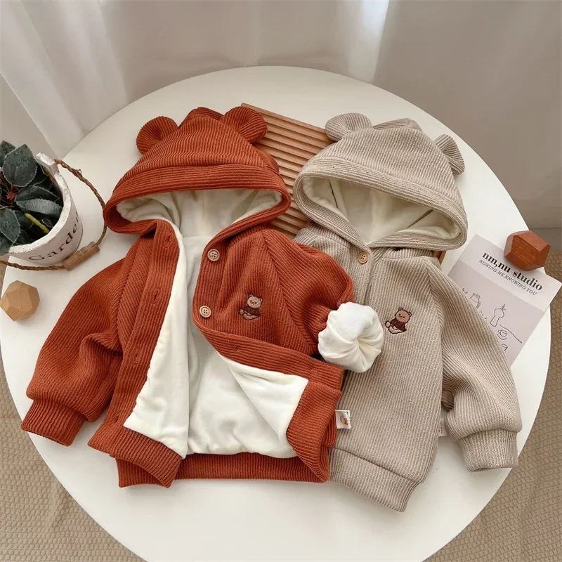 Autumn Winter New in Kids Baby Boys Girls Thicken Outwear , Toddler Infant Hooded Cartoon Bear Coat Children Jacket 3M-3Y
