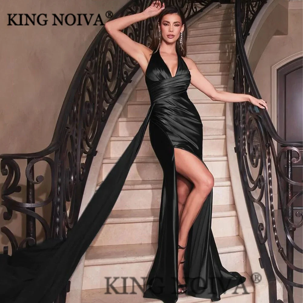 

KING Sexy V-Ncek Sleeveless Satin Evening Dresses 2024 Side Slit Backless Pleat Floor Length Simple Prom Dress vestidos de noche