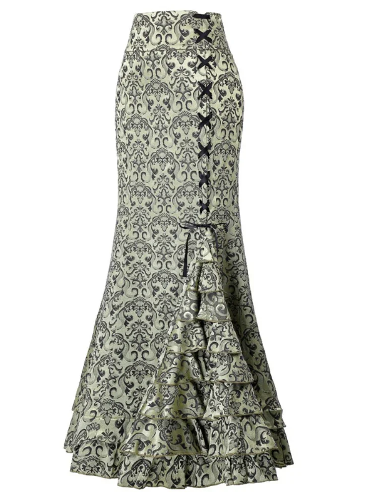 Vintage Women Punk Style Jacquard Mermaid Skirt Fashion Halloween Gothic Victorian Steampunk Long Bodycon Ruffle Fishtail Tiered