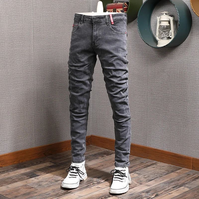 Korean Style Fashion Men Jeans Retro Black Gray Elastic Slim Fit Casual Denim Pencil Pants Streetwear Vintage Designer Jeans Men korean style tie dye jeans men s fashion casual retro denim pants men streetwear loose hip hop straight wide leg jeans mens