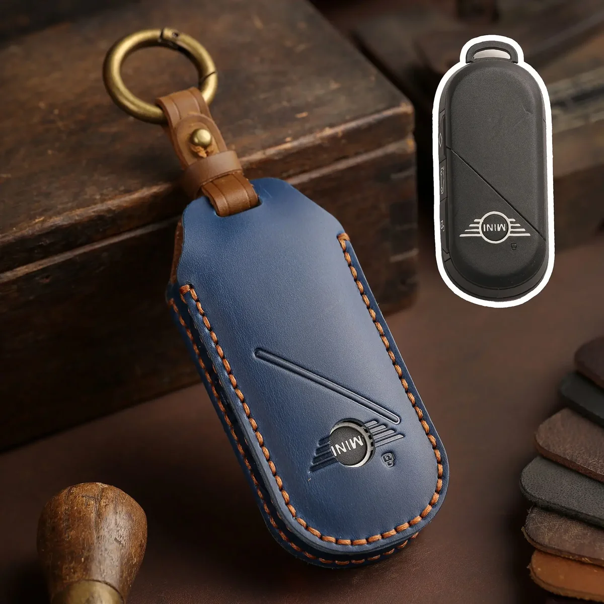 Leather Car Fob Key Case Cover Protector for Bmw Mini Countryman Cooper One 2023 2024 Remote Accessories Holder Shell Keychain — view 5