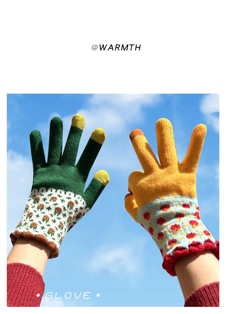 Winter Thicken Warm Gloves For Women Students Cute Sunflower Knitted Touch Screen Gloves Girls Outdoor Riding Skiing Gloves New
