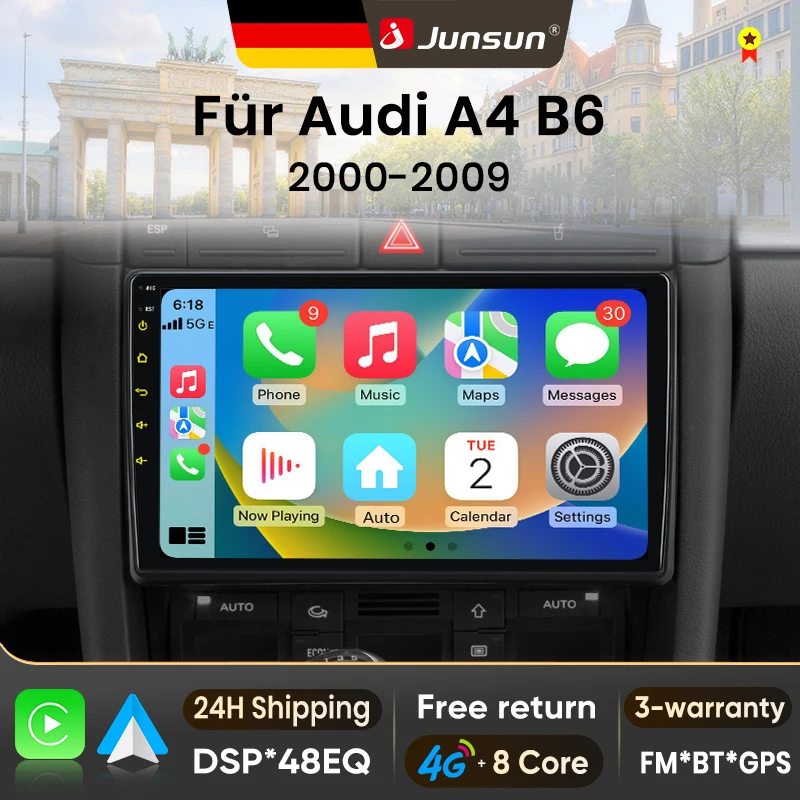 Radio para Auto Junsun de 9 Pulgadas con Android 15 para Audi A4 B8 B7 B6 S4 RS4 2000-2009, Inalámbrico para Apple CarPlay, Pantalla IPS, Reproductor Multimedia Estéreo, Sistema Inteligente para Auto, Unidad Principal Autoradio 2 Din, Navegación GPS, BT, 4G, WIFI, FM, AM, DSP, RDS, SWC, DAB+ 1