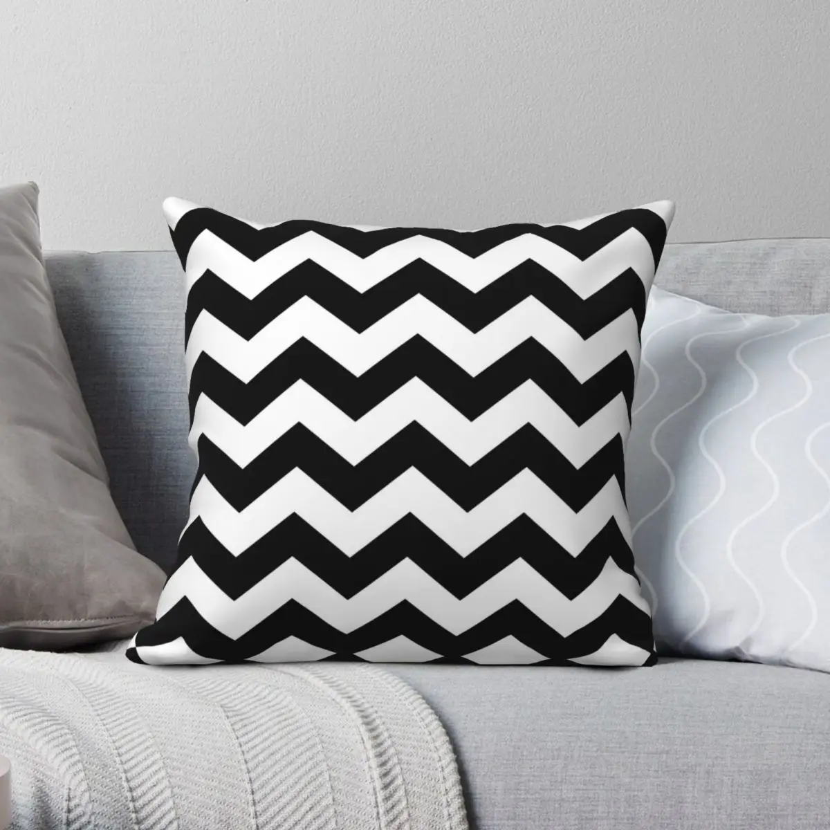 Nero Bianco Zig-Zag Chevron Federa Quadrata Poliestere Lino Velluto Stampato Zip Decor Fodera Per Cuscino Auto