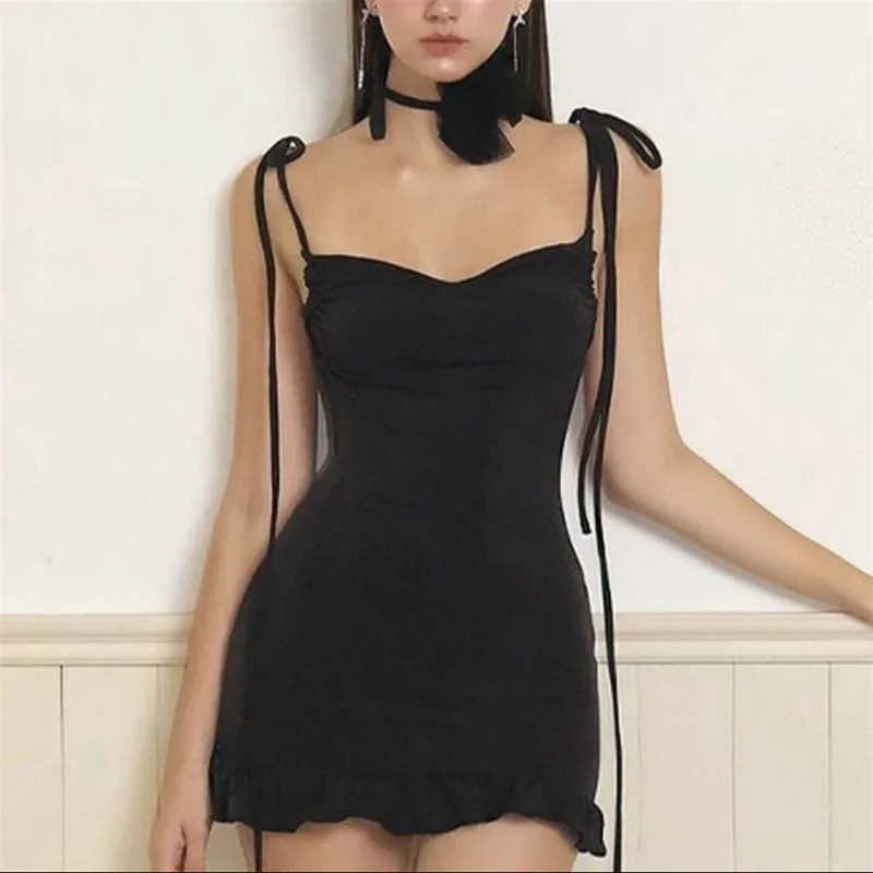 New Summer Women's U-neck Suspender Solid Color Dress Y2K Fashionable Sexy Halter Lace-up Spice Girl Hip Wrap Short Skirt