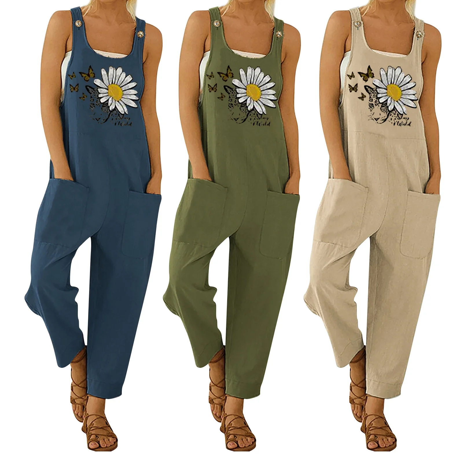 Women Loose Overalls Butterfly and Floral Printed Pattern U-shaped Collar Sleeveless Jumpsuits Female Summer Casual Rompers