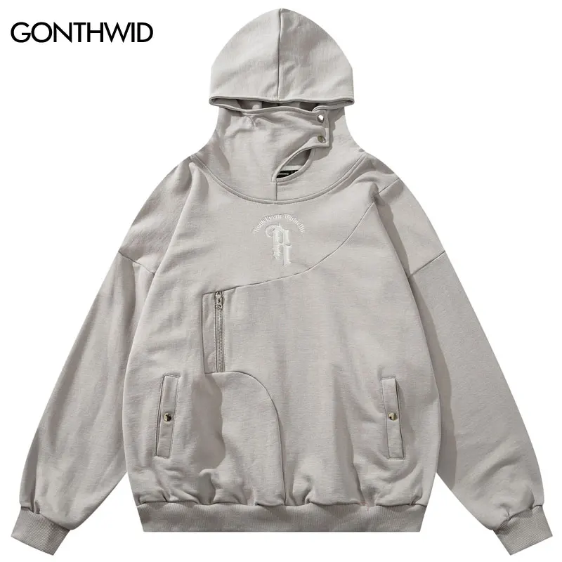 

Hip Hop Hoodie Streetwear Harajuku Embroidery Letter Zipper Pocket Turtleneck Hooded Sweatshirt 2023 Fashion Punk Loose Pullover