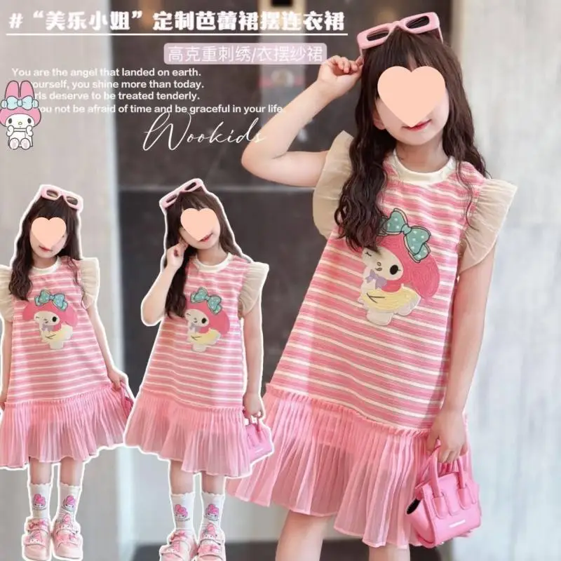 

Sanrio Kawaii Kids Dress Without Sleeve Mesh Princess Dress Fashionable Striped Top 110-160Cm Girl My Melody Cinnamoroll Cute