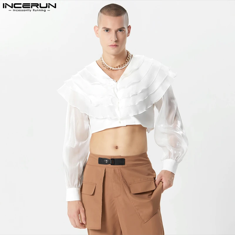 

INCERUN Tops 2023 American Style New Mens Layered Design Slightly Transparent Thin Shirts Sexy Cropped Long Sleeved Blouse S-5XL