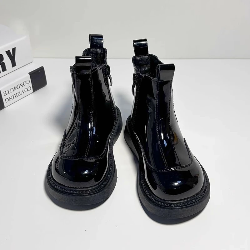 Kids Fashion Ankle Boots for Boys Girls Unisex Glossy PU Leather Rubber Boots Classic Chelsea Boots 2025 Autumn Winter Brand New