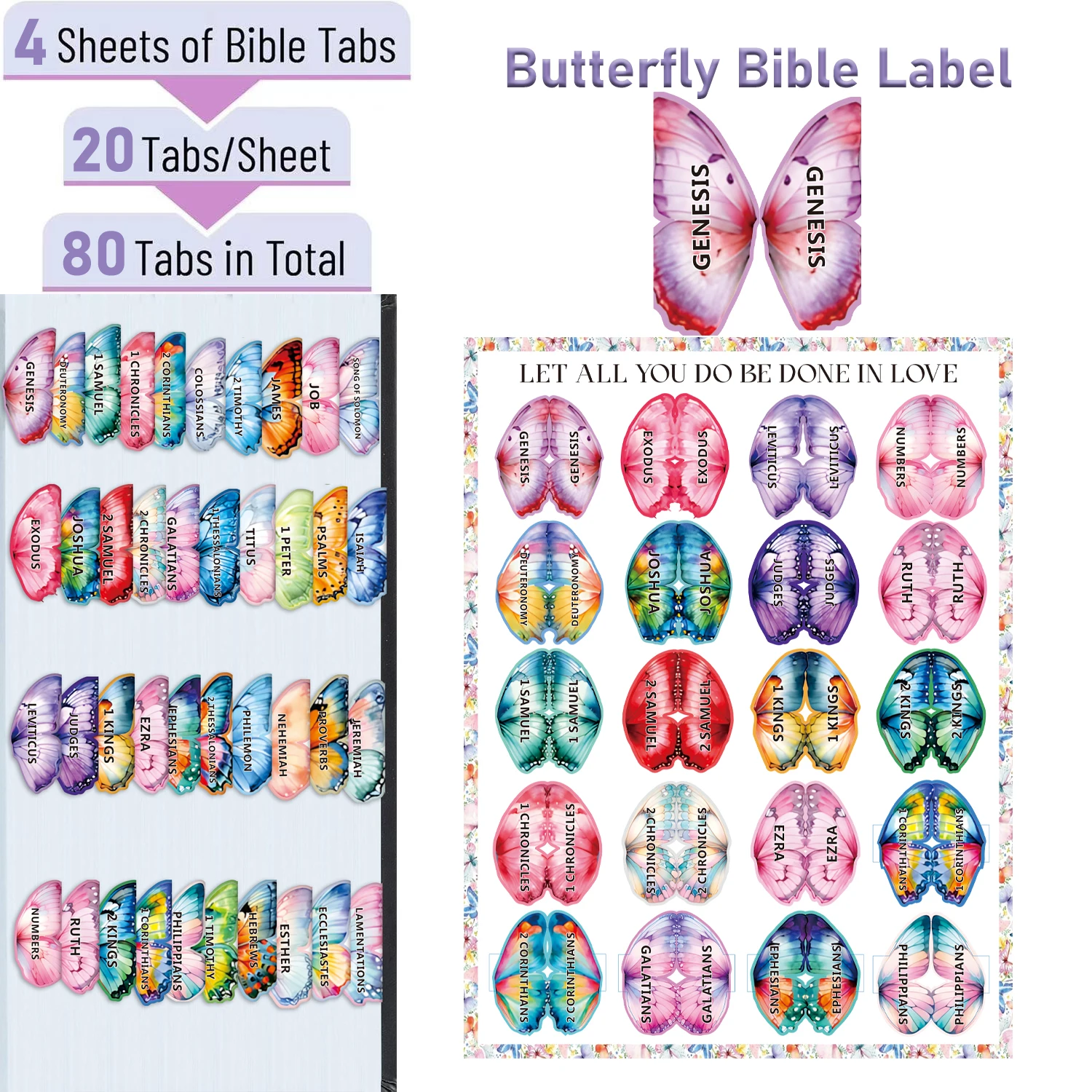 Butterfly Design Bible Index Tabs with Large Font – 80-Piece Set for Easy Navigation and Peel-Off Labeling