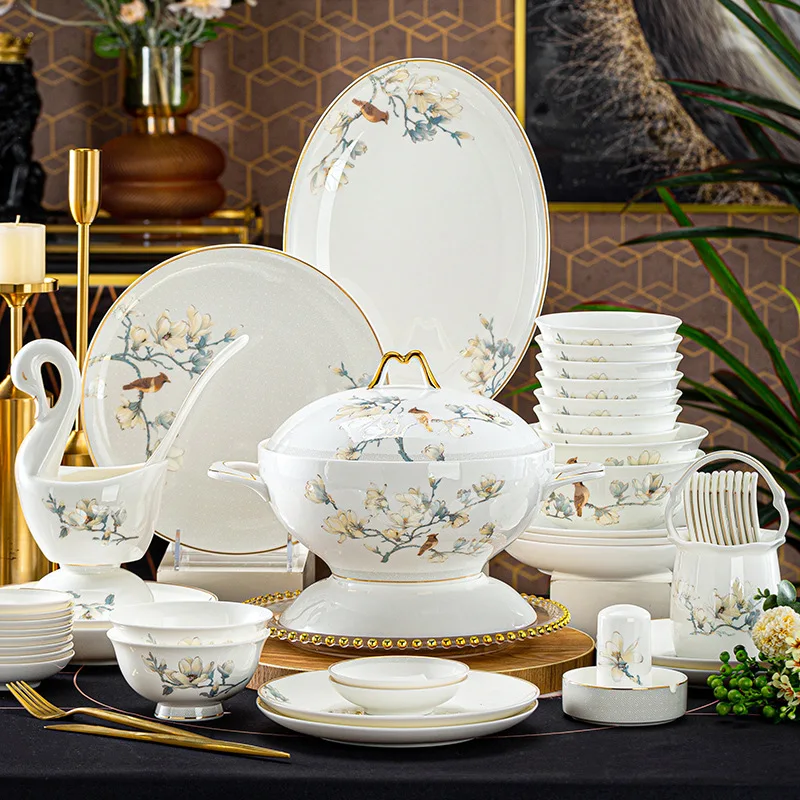 

Jingdezhen bone china bowl and dish set household high-end Chinese gold-painted rice bowl wedding housewarming gift purchase tab