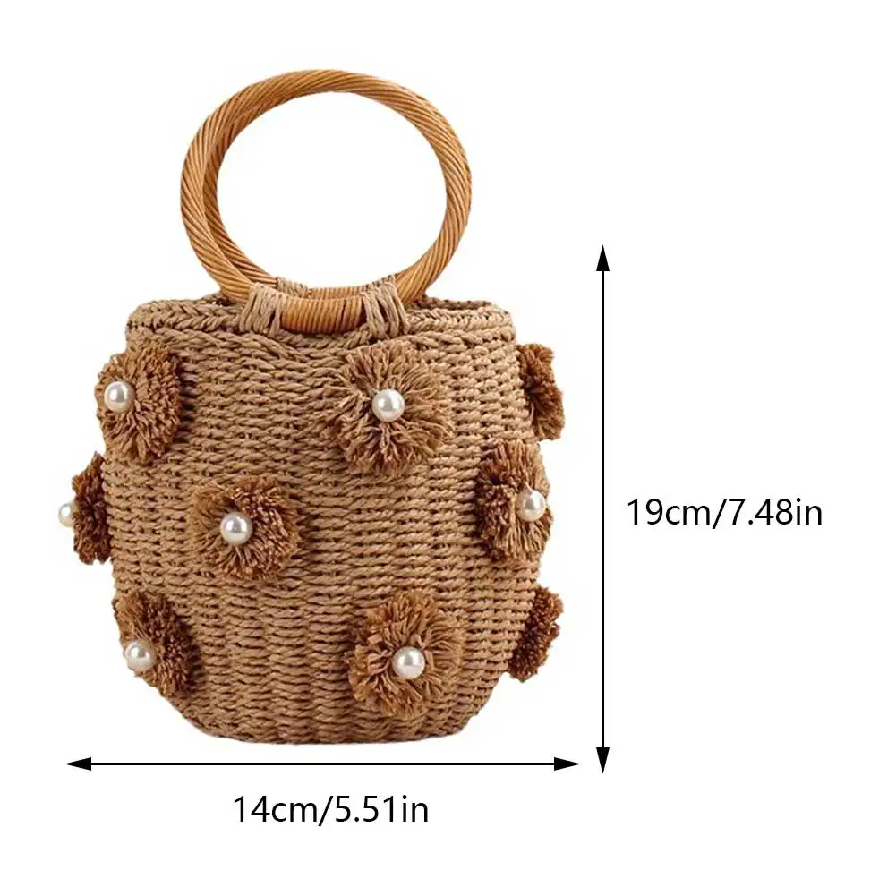 Women Straw Tote Handbag with Pearls Handmade Woven Bag Hand-Woven Straw Bag Summer Holiday Beach Bag